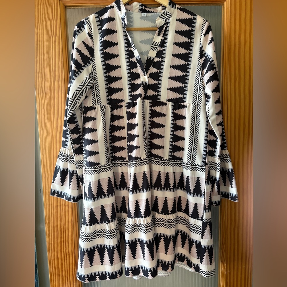 Pink, Gray, Black, and White Geometric Pattern Dress